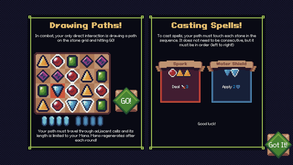 Witching Stone tutorials for drawing paths through the stone puzzle grid to cast spells