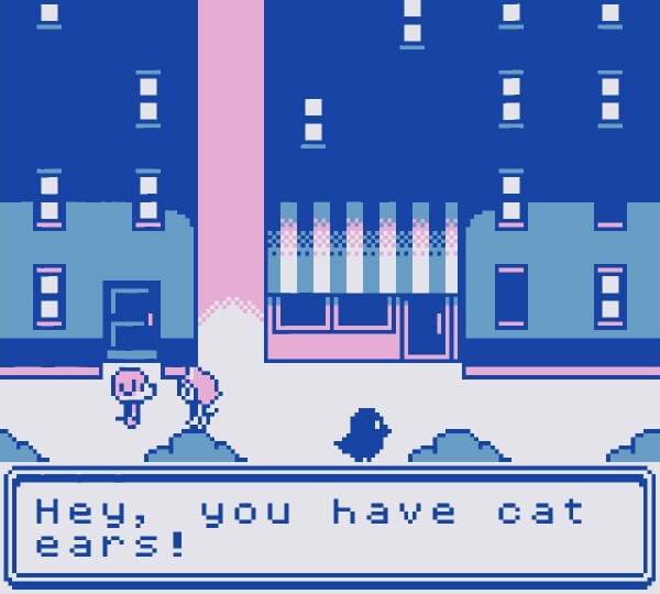 Neko talking to a dog NPC, who says, 'Hey, you have cat ears!'