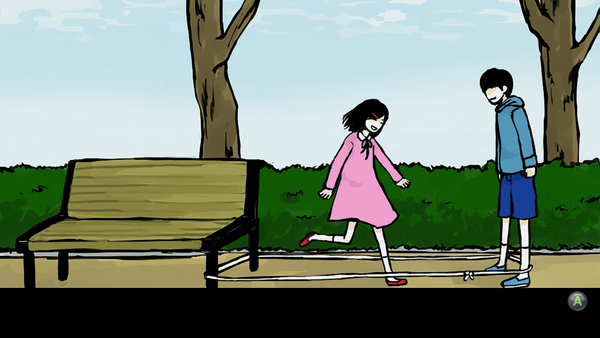 A boy standing with a loop of string around his spread legs and a nearby bench, while a girl jumps in and out of the loop