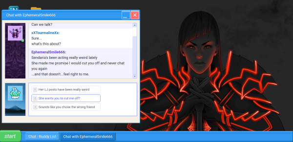 IM Chat window open between Effie and Tourmaline, with Effie saying that Sendaria asked her to cut off all contact with Tourmaline. The player has to choose what Tourmaline says next.