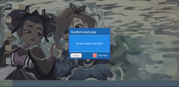 Windows XP-like shutdown screen, asking the player if they are ready to end the year 2003.