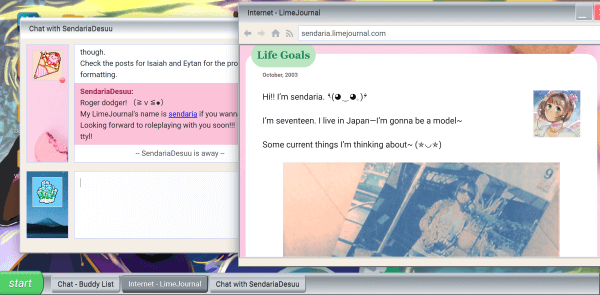 Sendaria's LimeJournal blog open talking about how she is living in Japan and wants to become a model, and an IM Chat window open with her talking about how excited she is to start role-playing with everyone.