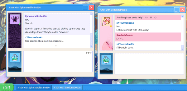 Two chat windows open side by side. One with is Tourmaline and Sendaria, with Tourmaline saying she needs to consult with Effie and will be right back. In the other is a chat with Effie talking about Sendaria.