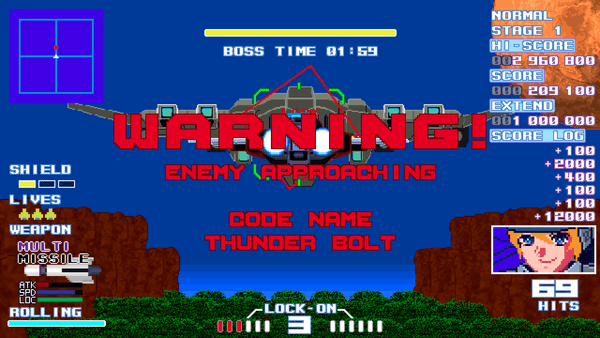 Huge red text 'WARNING! Enemy approaching. Code name: Thunderbolt.' In the background is a huge enemy spaceship