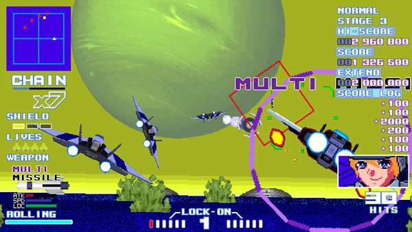 Player flying over blue water with a huge green planet hanging in the sky. Lines of enemy ships are swooping in from the sides and from behind, and the player is locking on to them with multi missiles